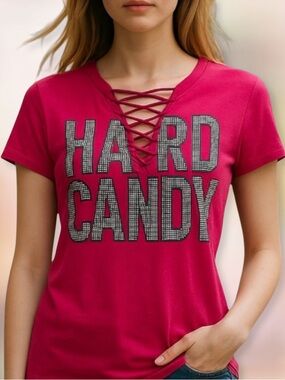 HARD CANDY BABY TEE SHIRT Hot Pink  Crisscross V NeckShort Sleeves  JRs SZ 11-13